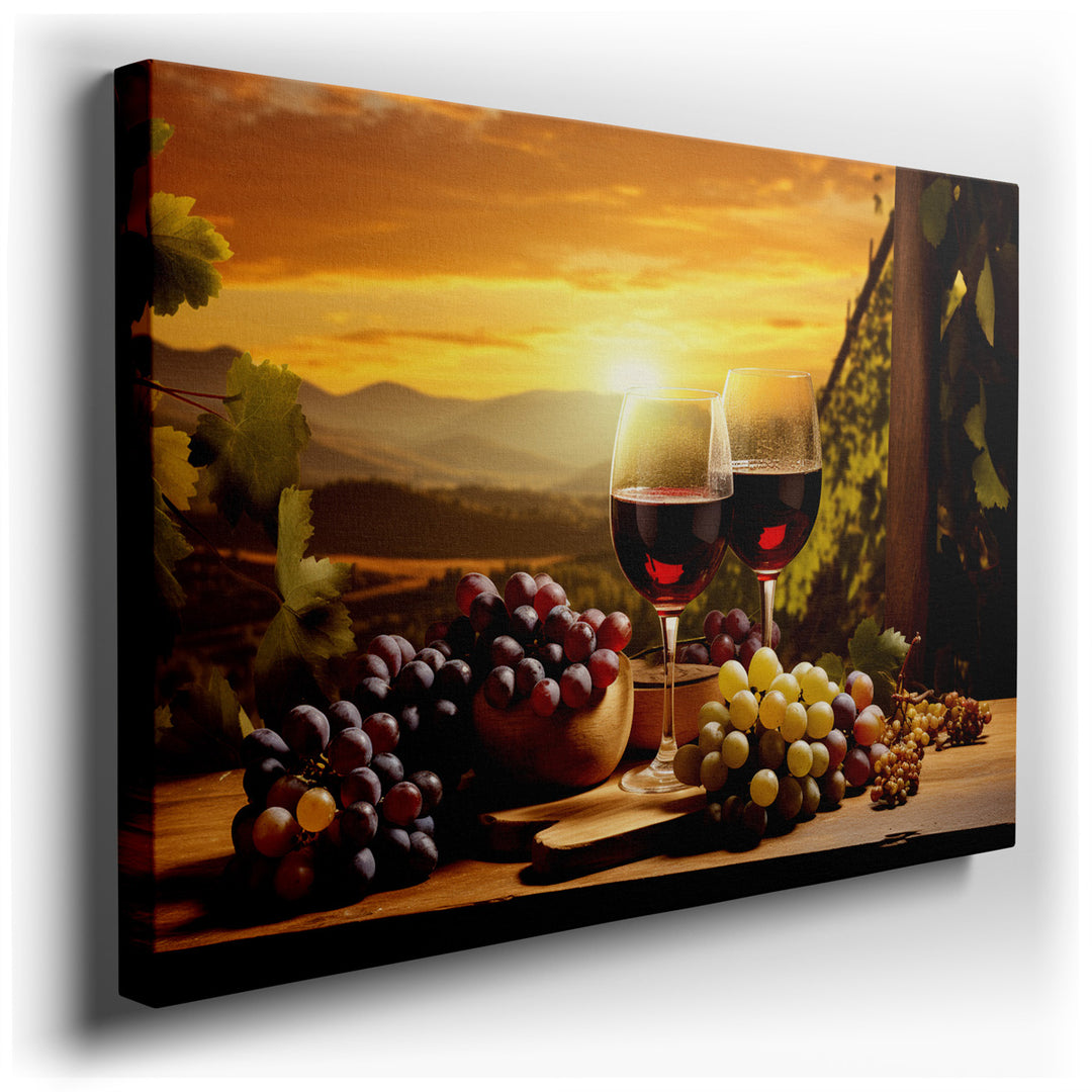 canvas print on wrapped canvas for wall decor – This enchanting wall art captures a serene moment at sunset, set against the backdrop of a picturesque vineyard that str...