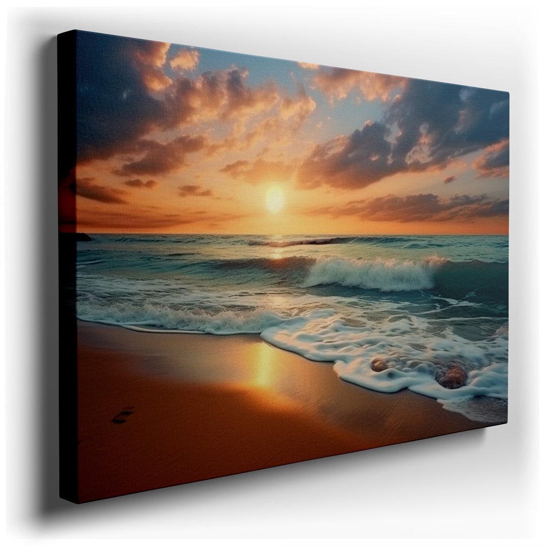 canvas print on wrapped canvas for wall decor – This wall art captures a breathtaking scene of a sunset by the shore, where the celestial dance of colors in the sky mee...