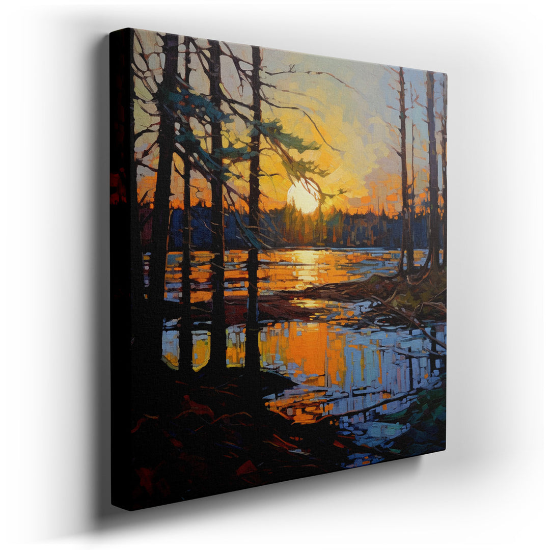 canvas print on wrapped canvas for wall decor – The wall art captures a breathtaking scene of a sunset over a tranquil riverbank, where the sky above bursts into a kale...