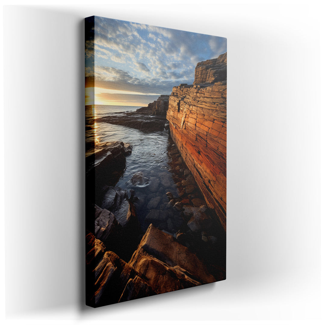 canvas print on wrapped canvas for wall decor – Imagine a wall art that captures the serene beauty of a sunset over a rugged coastline, where striking rock formations s...