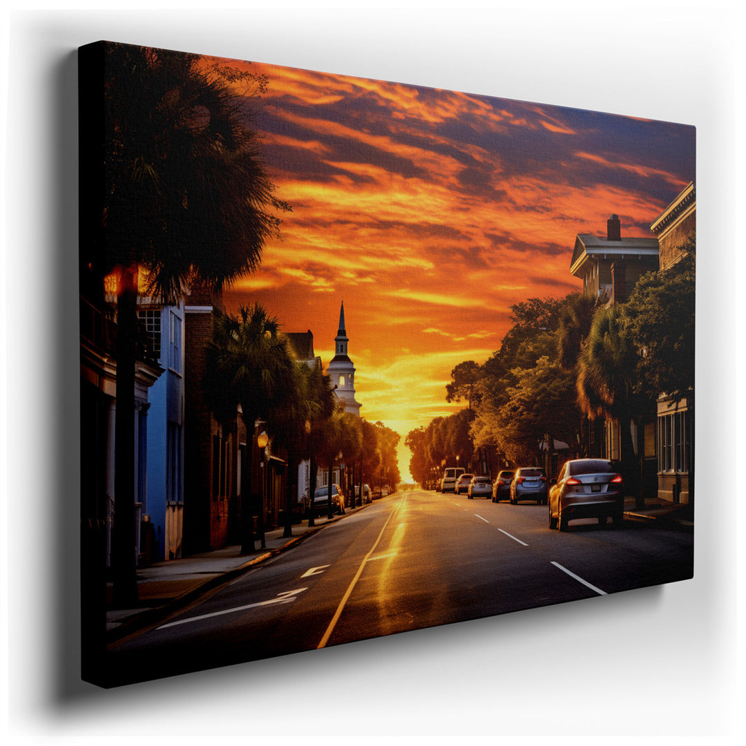 canvas print on wrapped canvas for wall decor – This wall art, a masterful depiction of a city street at sunset, is an exquisite piece that would make a striking additi...