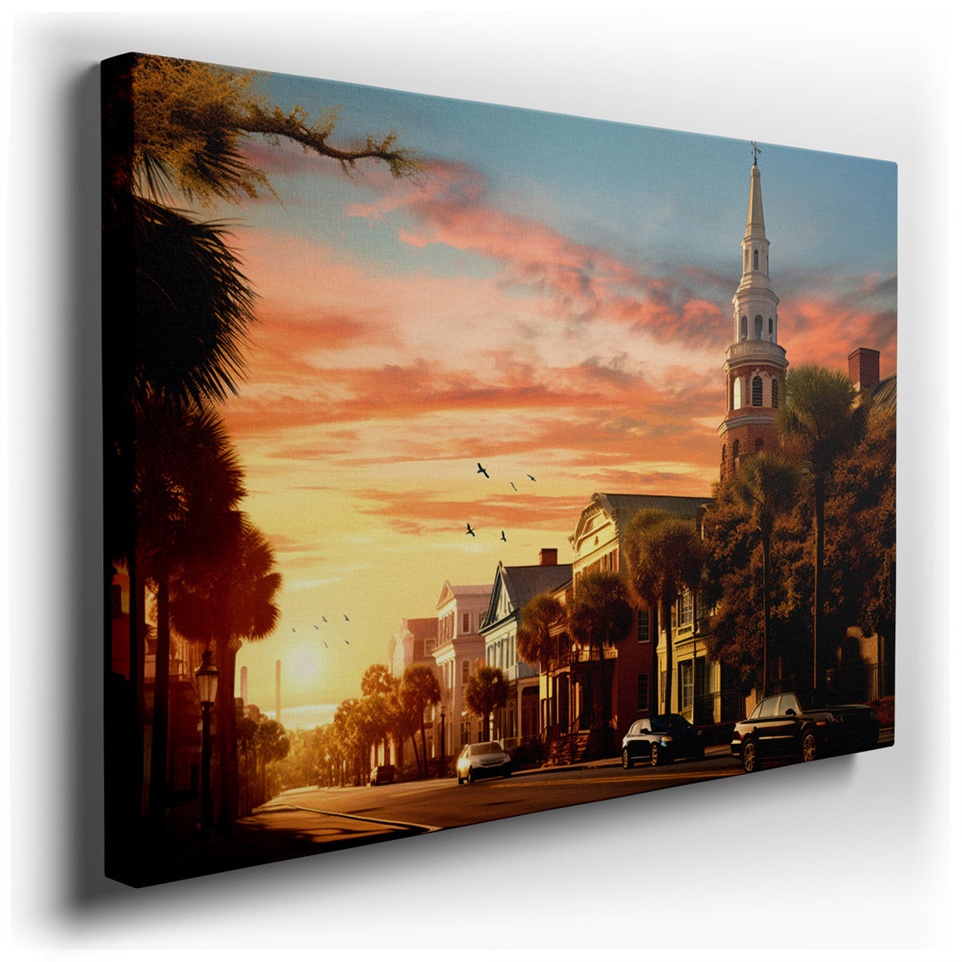 canvas print on wrapped canvas for wall decor – This wall art, a masterful depiction of a historic street bathed in the warm, golden hues of a setting sun, offers a viv...