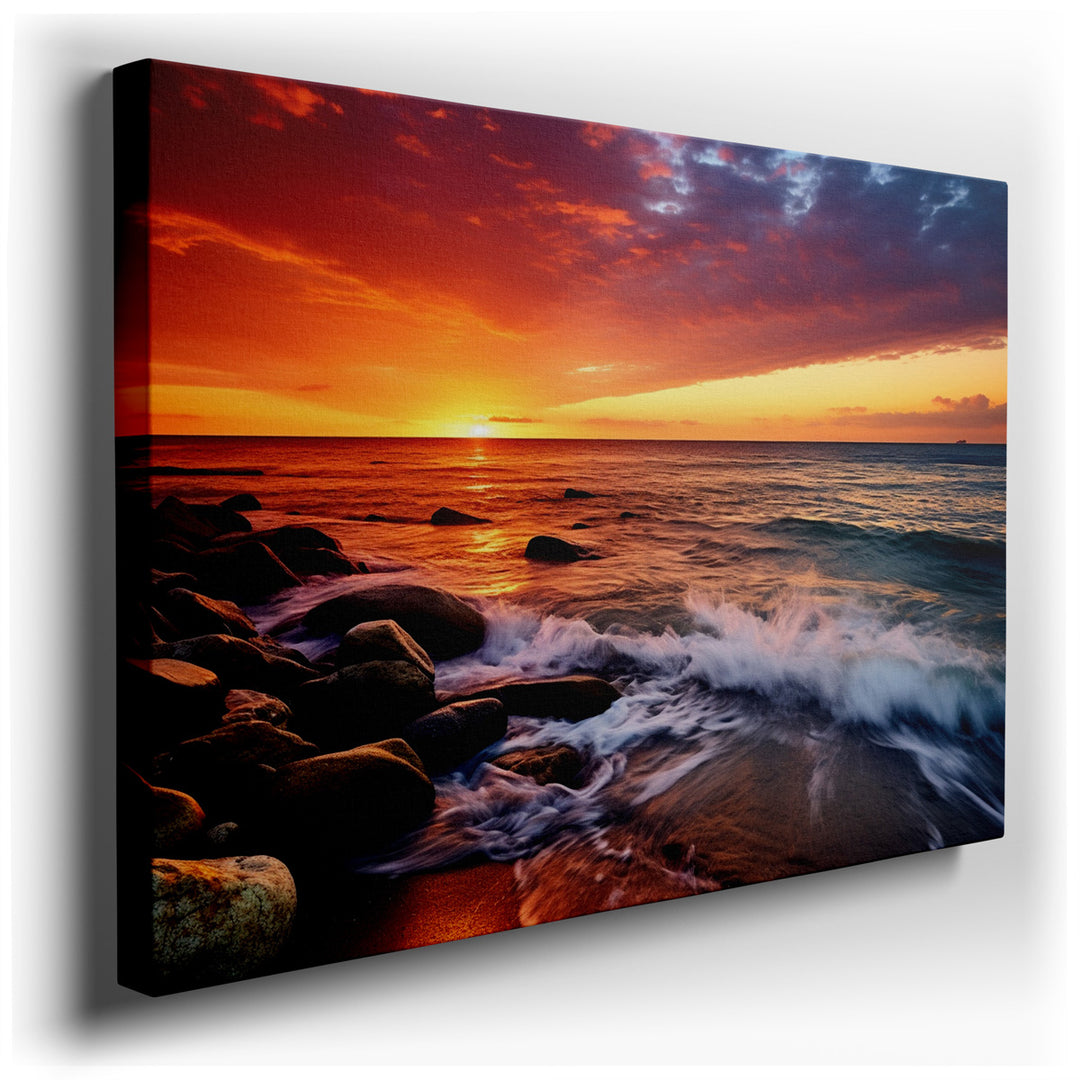 canvas print on wrapped canvas for wall decor – This wall art captures a breathtaking scene of a vibrant sunset over a serene sea, masterfully canvas by gentle sandy sh...