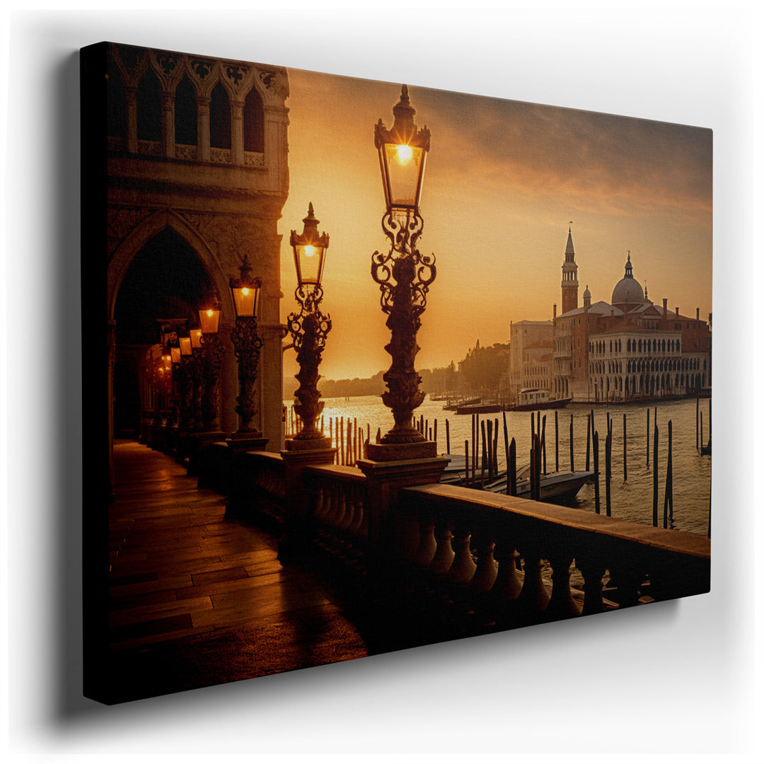 canvas print on wrapped canvas for wall decor – This captivating wall art masterfully portrays the tranquil allure of a waterfront scene at sunset, where the gentle int...