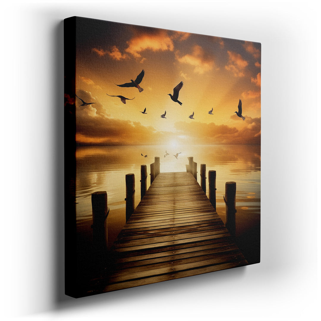 canvas print on wrapped canvas for wall decor – This enchanting wall art offers a tranquil depiction of a sunset viewed from the vantage point of a rustic wooden pier,...