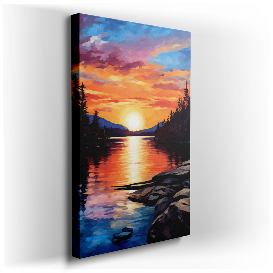canvas print on wrapped canvas for wall decor – Imagine a wall art that captures the breathtaking beauty of a sunset, where the sky above a serene river is set ablaze w...
