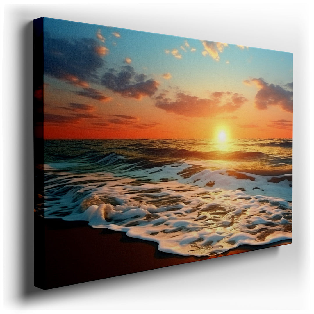 canvas print on wrapped canvas for wall decor – This exquisite wall art captures the essence of a tranquil sunset descending over a vast ocean, its waves softly caressi...