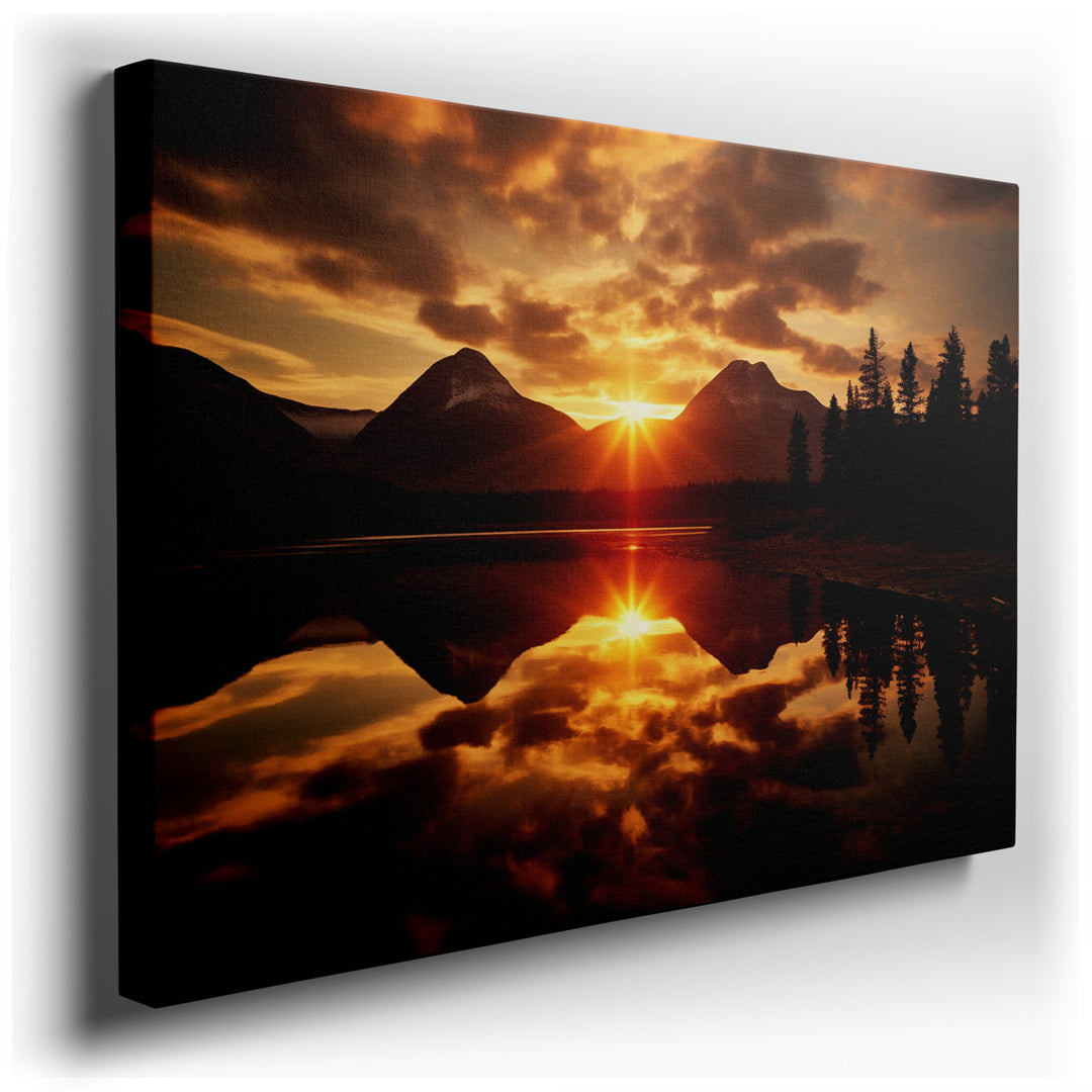 canvas print on wrapped canvas for wall decor – This exquisite wall art masterfully encapsulates the awe-inspiring spectacle of a sunset cascading its vibrant hues acro...