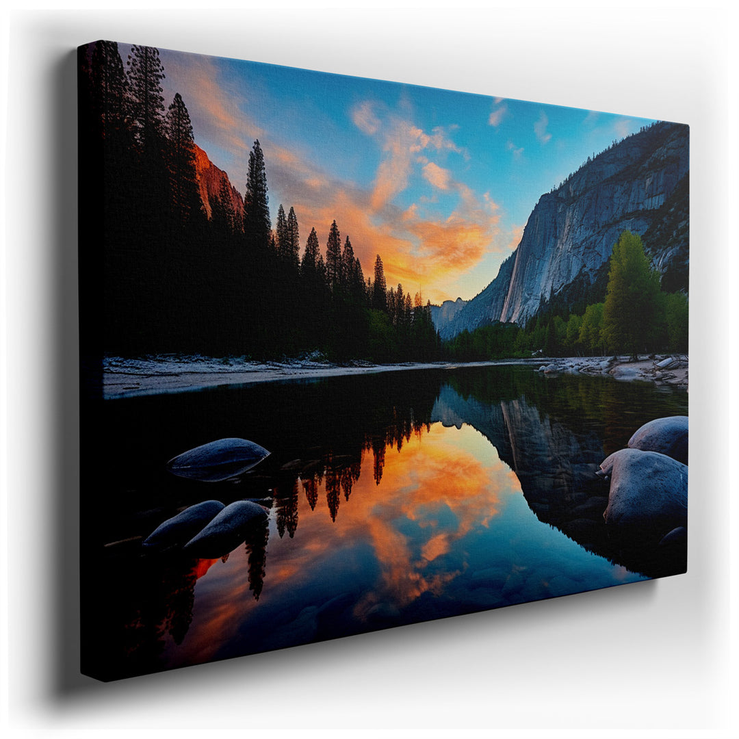 canvas print on wrapped canvas for wall decor – This enchanting wall art captures the breathtaking beauty of a sunset descending over a serene mountain lake, a scene th...