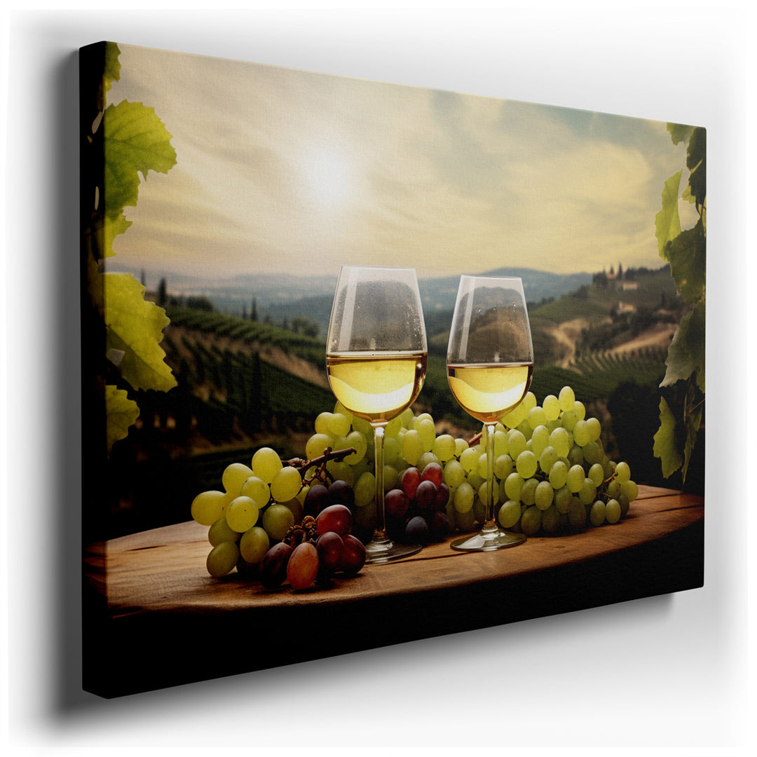 canvas print on wrapped canvas for wall decor – Imagine a wall art that captures the essence of a serene evening in a lush vineyard, where the golden hues of sunset bat...
