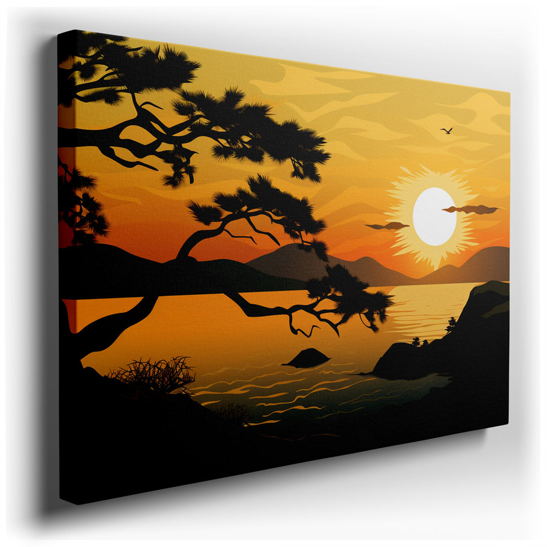 canvas print on wrapped canvas for wall decor – This exquisite wall art captures the breathtaking beauty of a sunset, masterfully portraying the silhouette of a solitar...