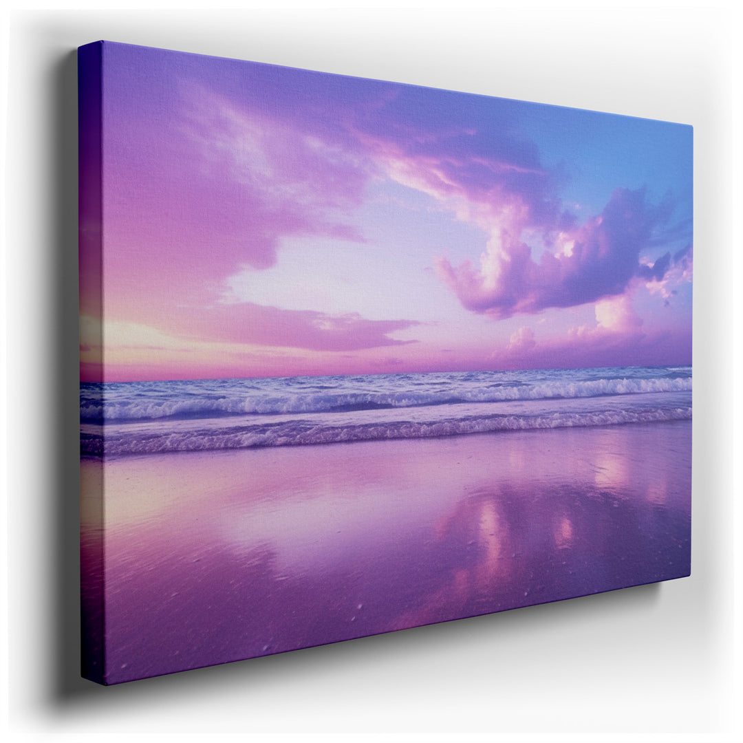 canvas print on wrapped canvas for wall decor – This wall art captures a stunning sunset, where the sky becomes a canvas displaying a mesmerizing blend of pink and purp...