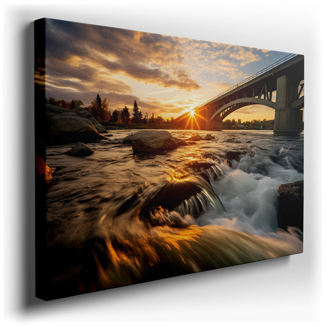 canvas print on wrapped canvas for wall decor – This exquisite wall art masterfully captures the serene yet dynamic essence of a sunset cascading over a flowing river,...