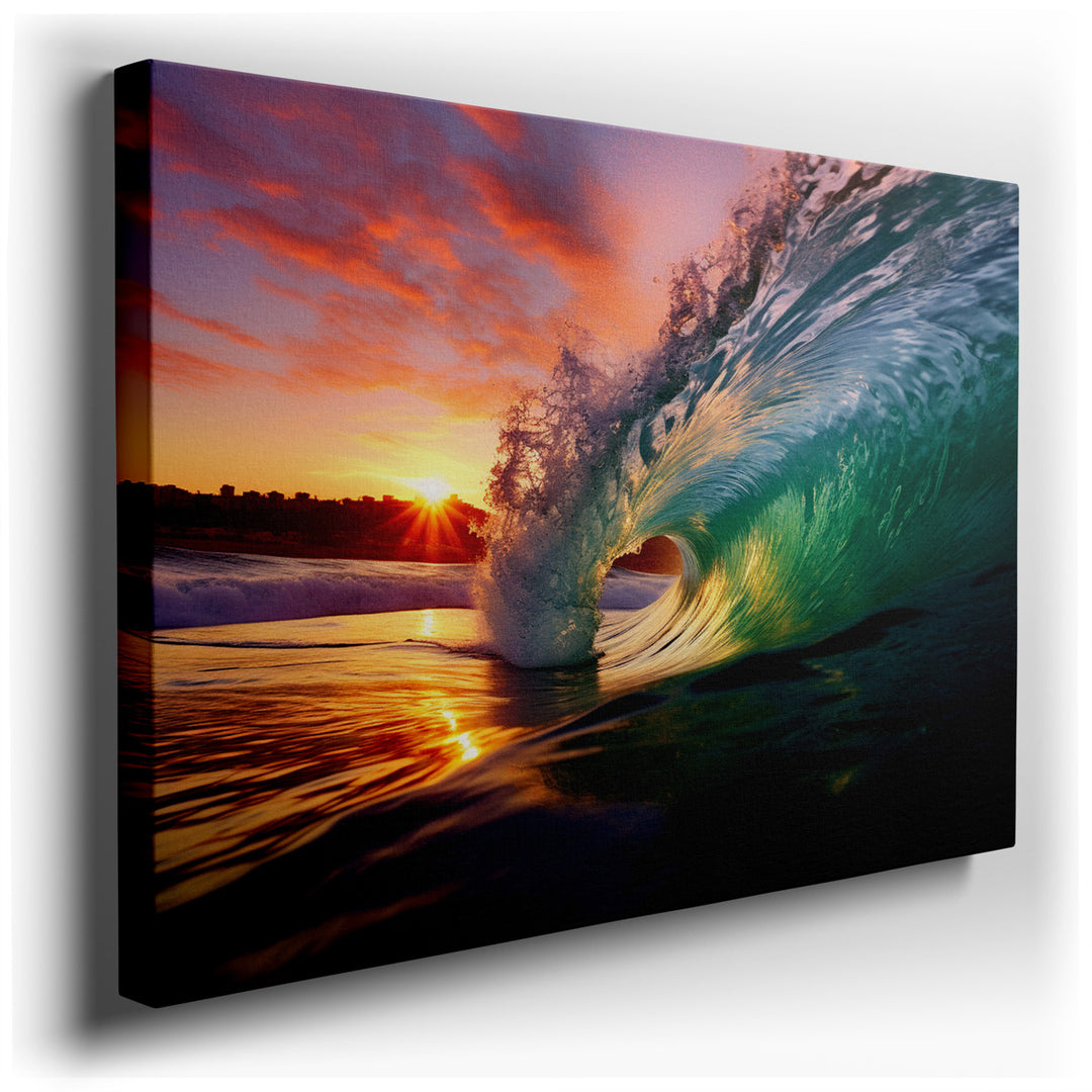 canvas print on wrapped canvas for wall decor – This wall art captures a breathtaking scene of a colorful wave crashing onto the shore at sunset, masterfully blending a...