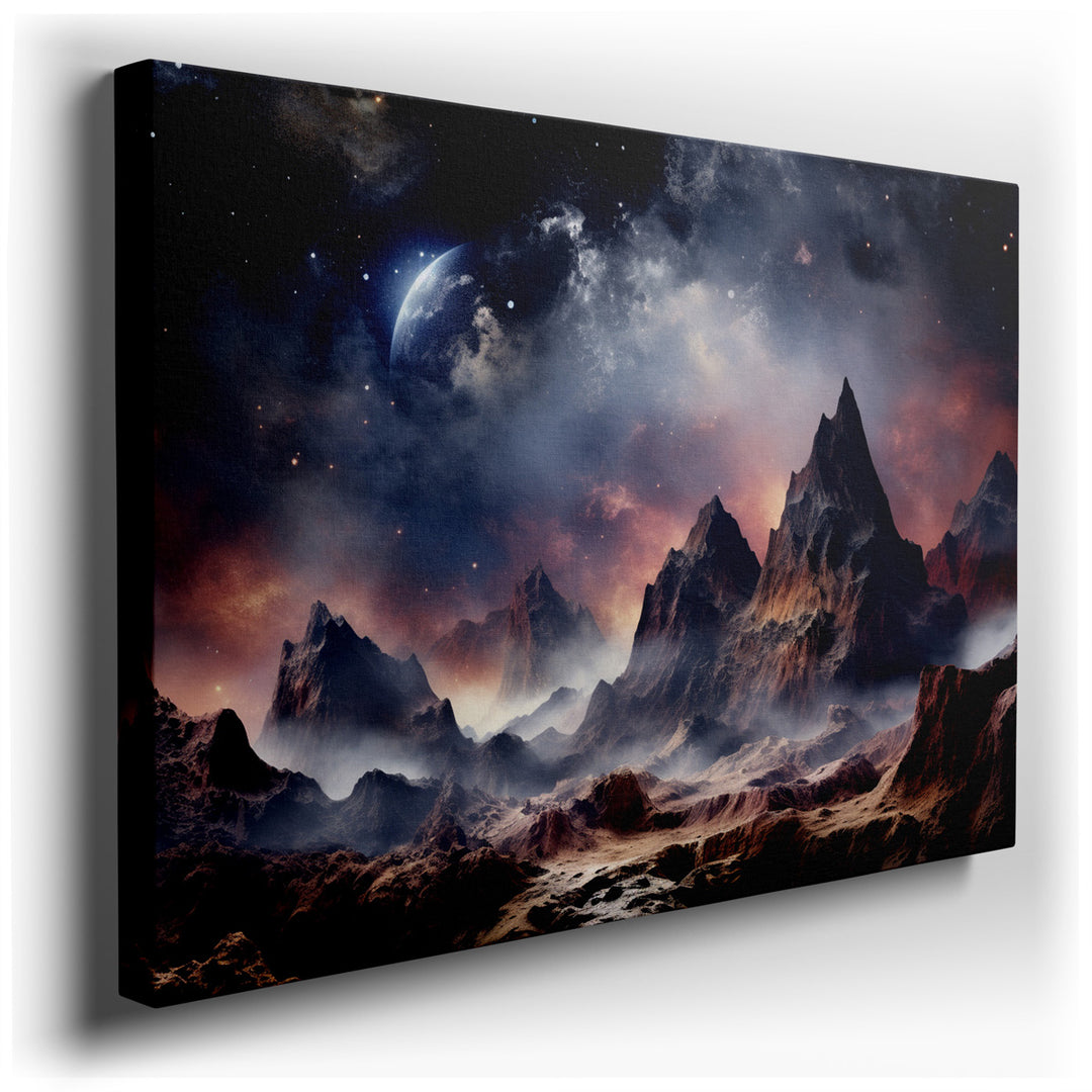 canvas print on wrapped canvas for wall decor – This wall art, a mesmerizing depiction of a surreal alien landscape, captures the imagination with its vivid portrayal o...
