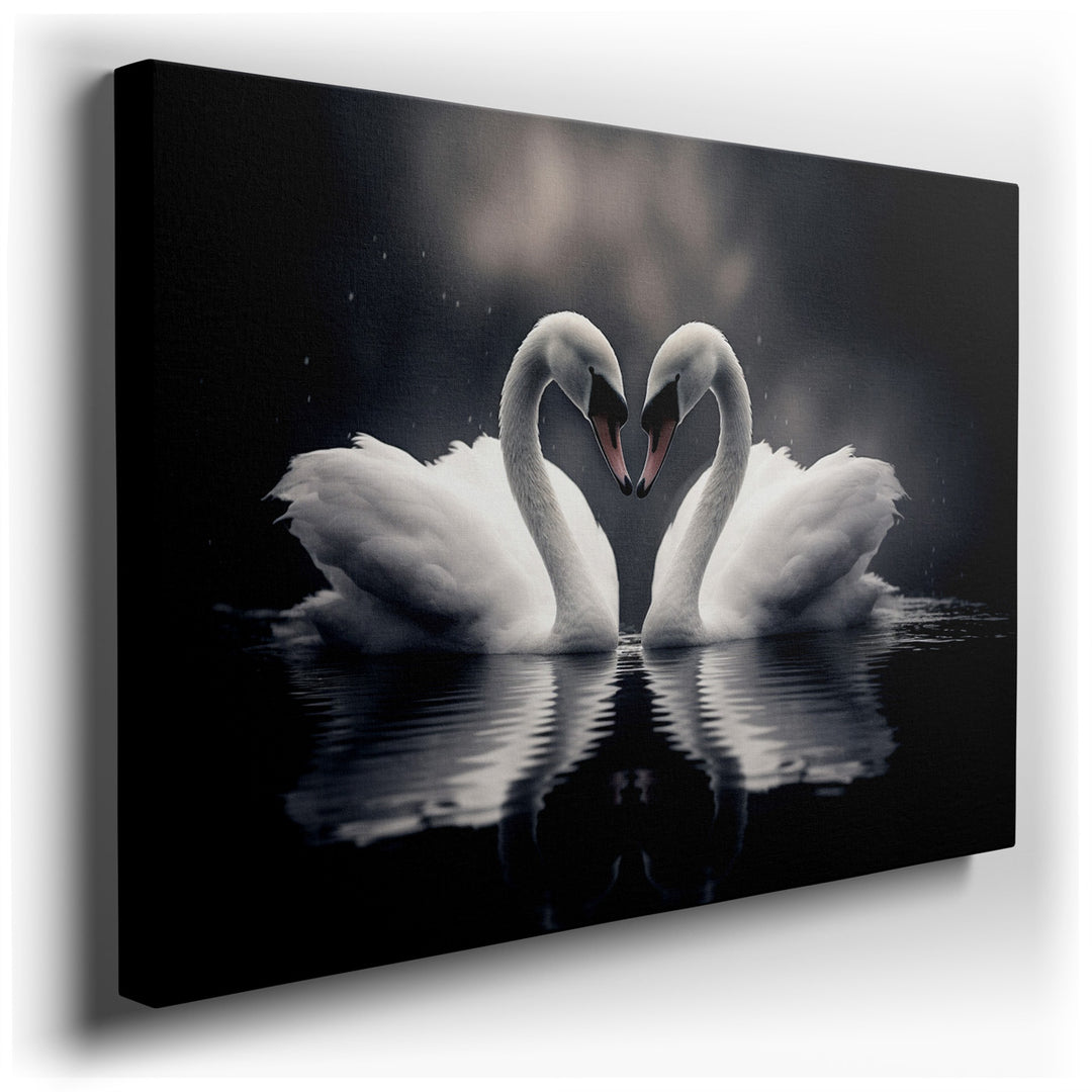 canvas print on wrapped canvas for wall decor – This enchanting wall art captures a moment of pure romance and tranquility, featuring two graceful white swans as they c...
