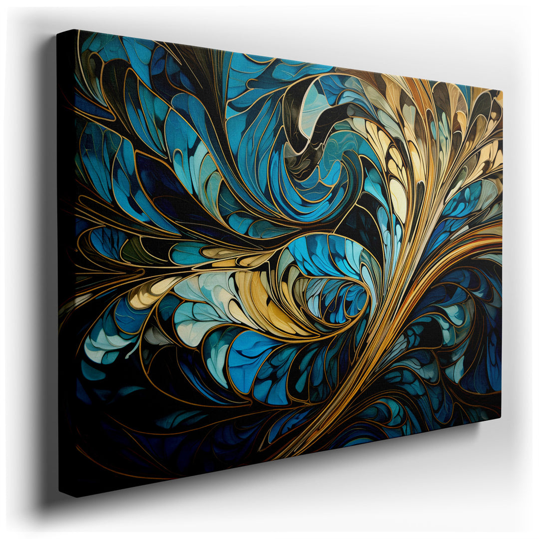 canvas print on wrapped canvas for wall decor – This wall art, a mesmerizing composition of deep blue and shimmering gold hues, is a true masterpiece of visual artistry...