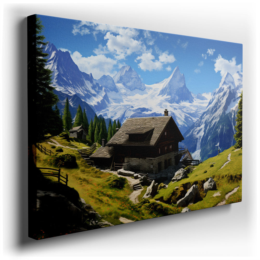 canvas print on wrapped canvas for wall decor – This enchanting wall art transports viewers to a serene, idyllic setting that epitomizes the tranquil beauty of the Swis...