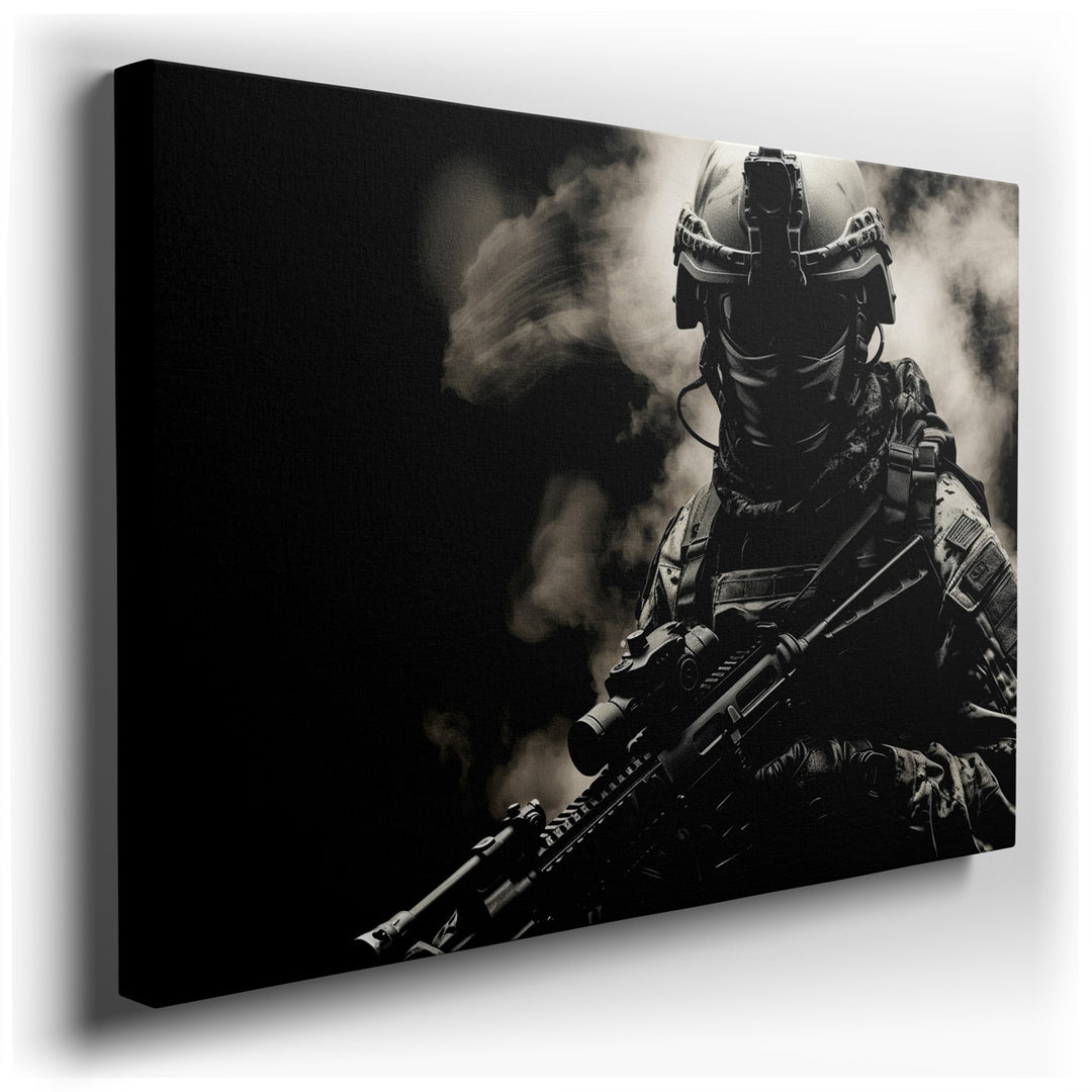 canvas print on wrapped canvas for wall decor – This evocative wall art captures the essence of military valor and determination through the depiction of a soldier clad...