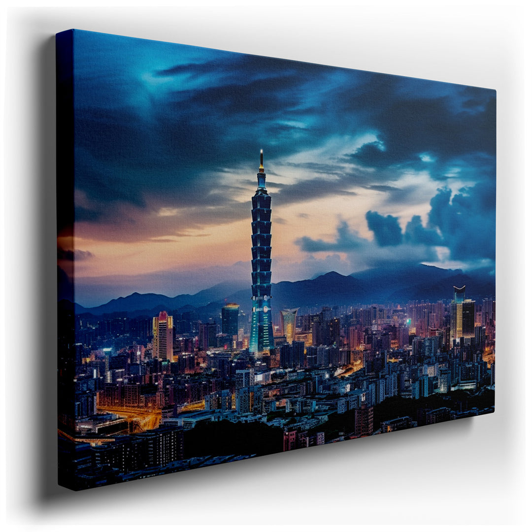 canvas print on wrapped canvas for wall decor – This wall art offers a stunning panoramic view of Taipei, centered around the iconic Taipei 101 Tower, which stands maje...