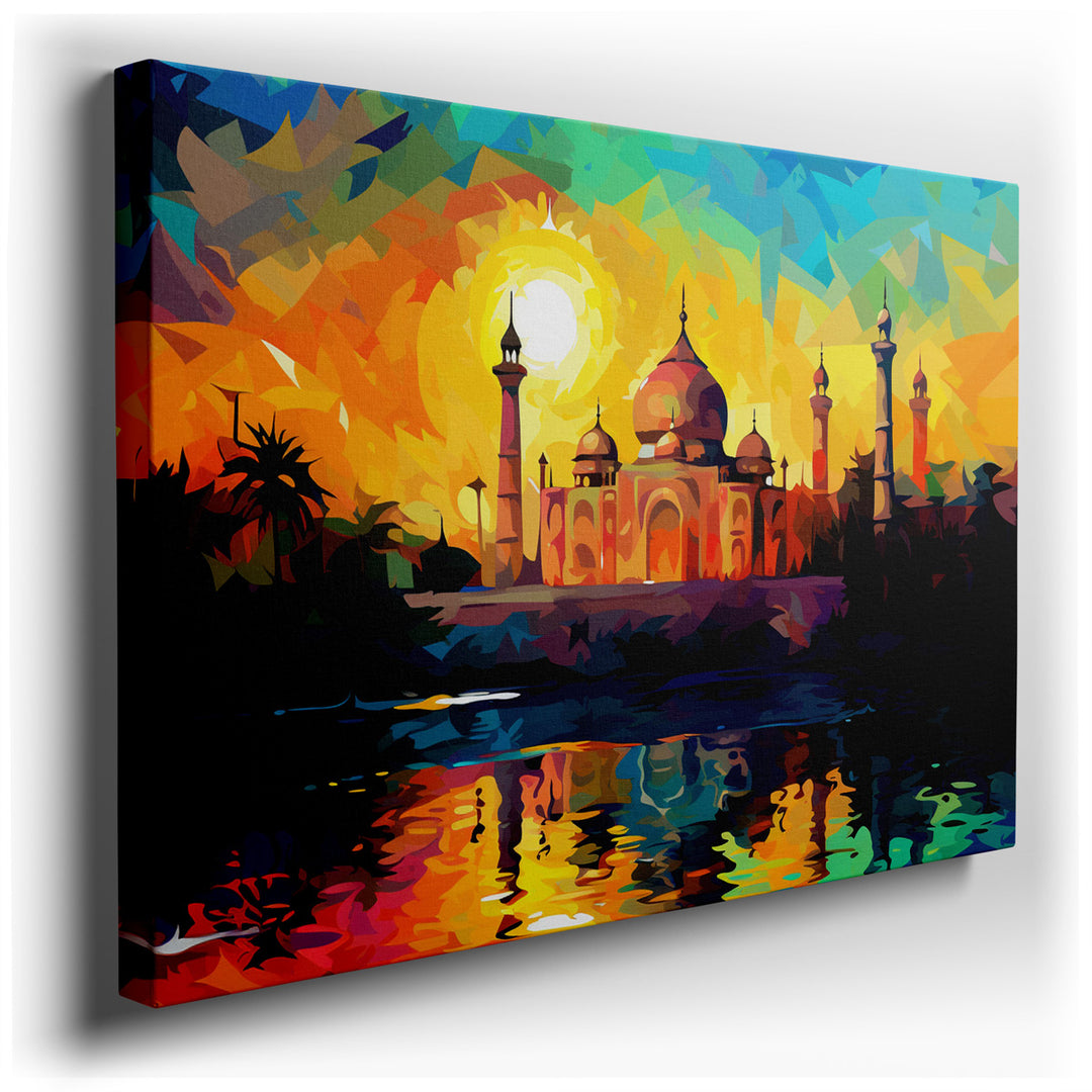 canvas print on wrapped canvas for wall decor – This wall art is a vibrant and colorful artistic rendering of the Taj Mahal, one of the world's most beloved architectur...