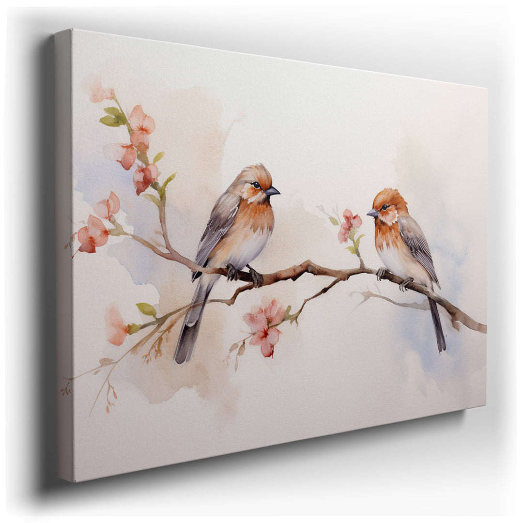 canvas print on wrapped canvas for wall decor – This enchanting watercolor wall art captures a tender and serene moment in nature, featuring a pair of birds nestled clo...