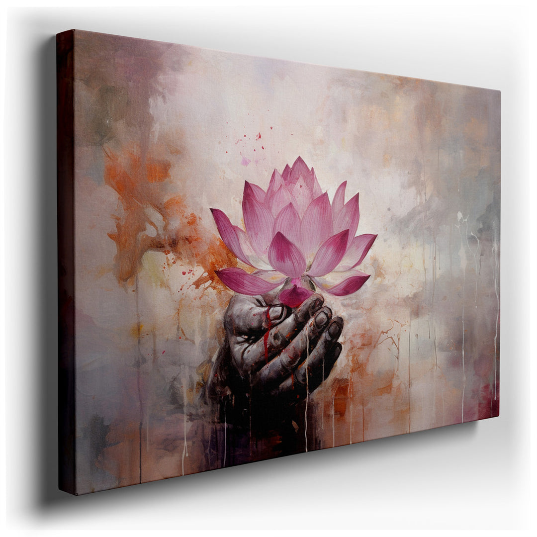 canvas print on wrapped canvas for wall decor – This exquisite wall art captures the delicate interaction between a human hand and a blooming lotus flower, set against...