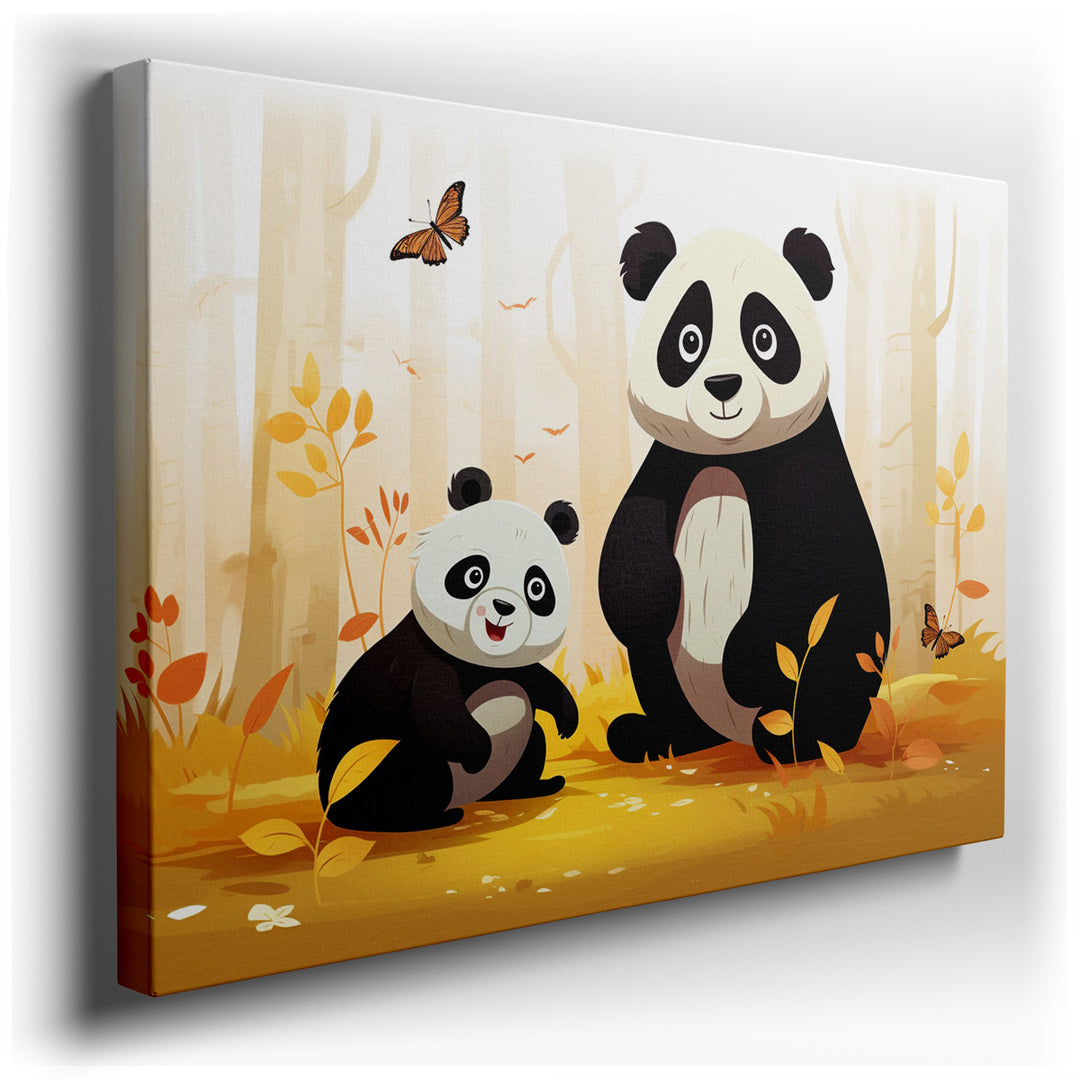 canvas print on wrapped canvas for wall decor – This enchanting wall art captures a tender moment between a panda family, set against the backdrop of a lush autumn land...