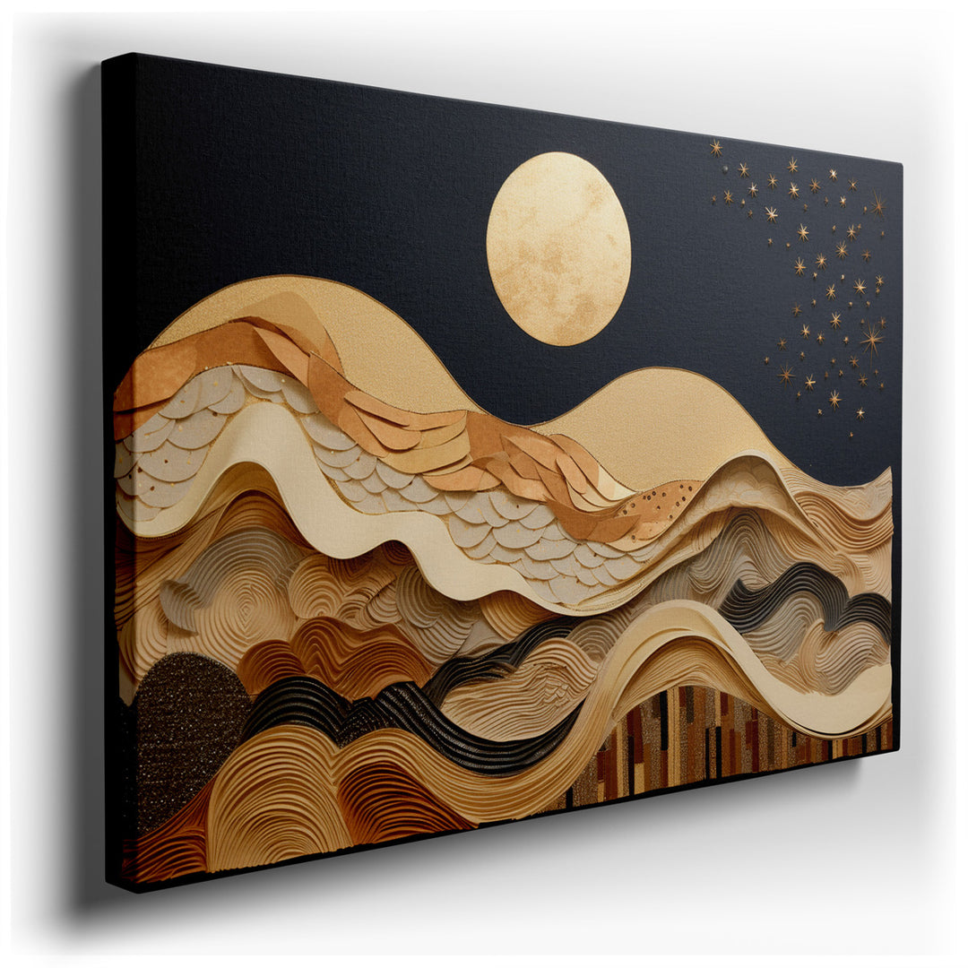 canvas print on wrapped canvas for wall decor – This wall art, an elegant abstract composition, masterfully combines textured waves with a golden moon set against a dee...