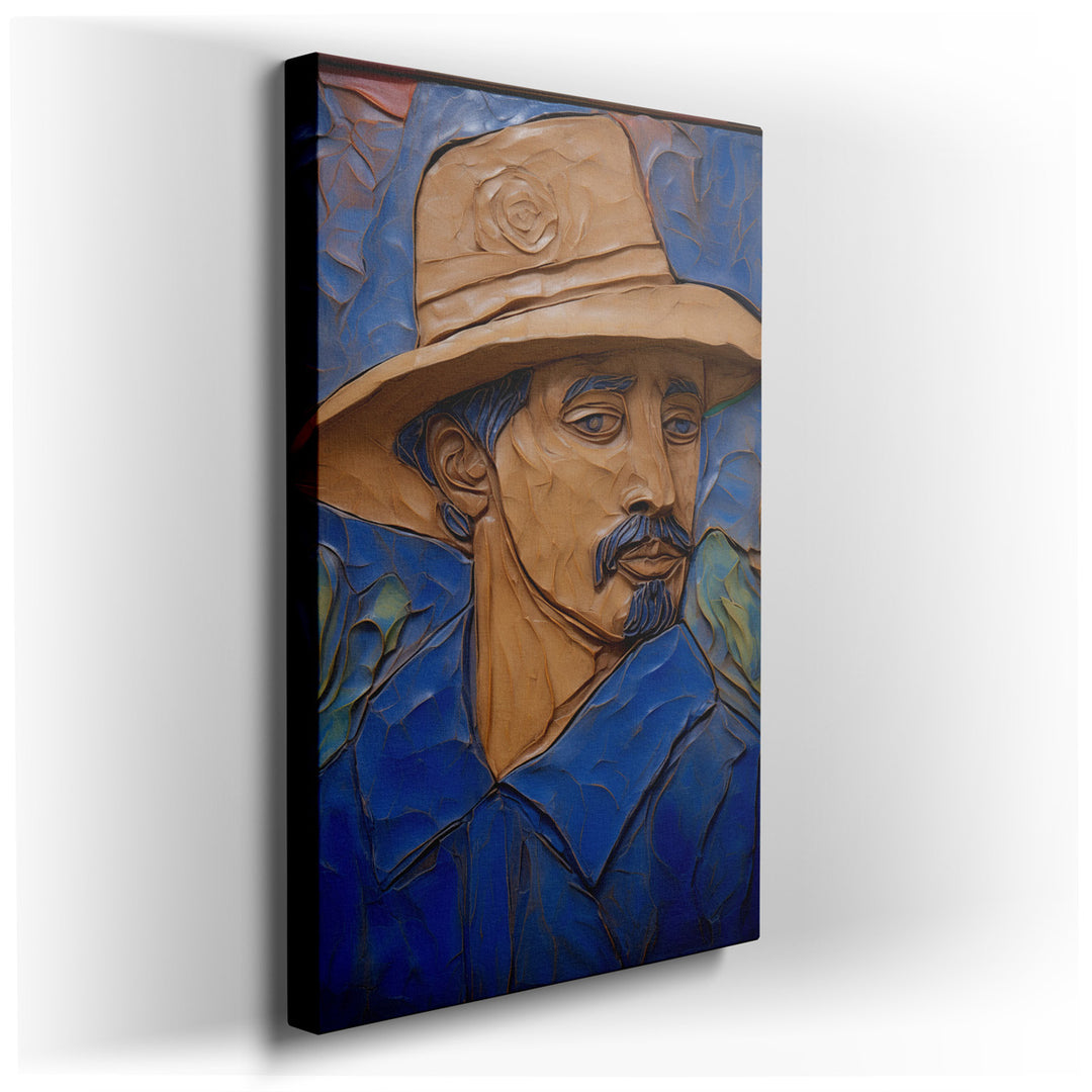 canvas print on wrapped canvas for wall decor – This wall art, a masterful creation of texture and emotion, presents a male figure adorned with a wide-brimmed hat, an e...