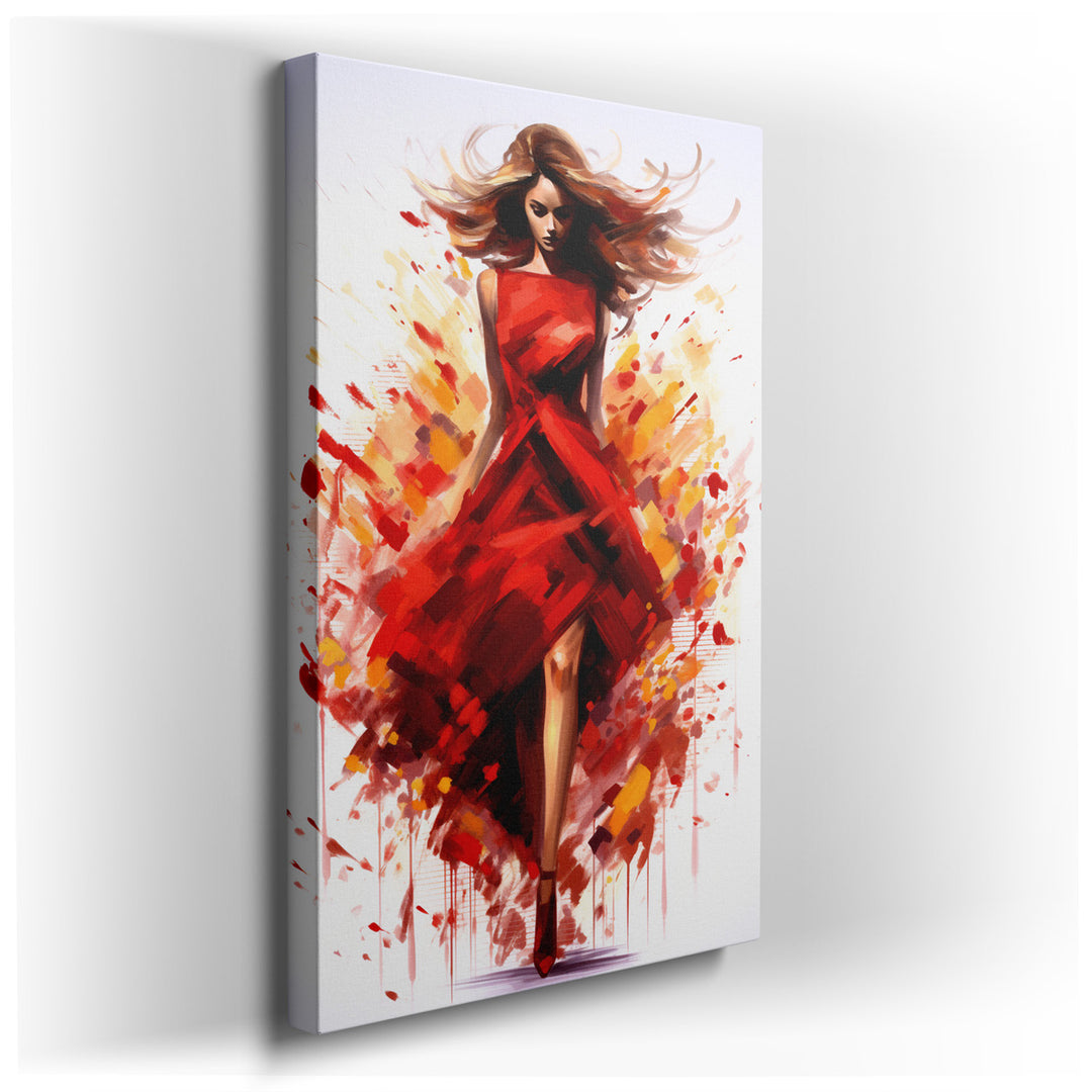 canvas print on wrapped canvas for wall decor – This captivating wall art portrays a woman clad in a striking red dress, standing as a bold centerpiece amidst a vibrant...