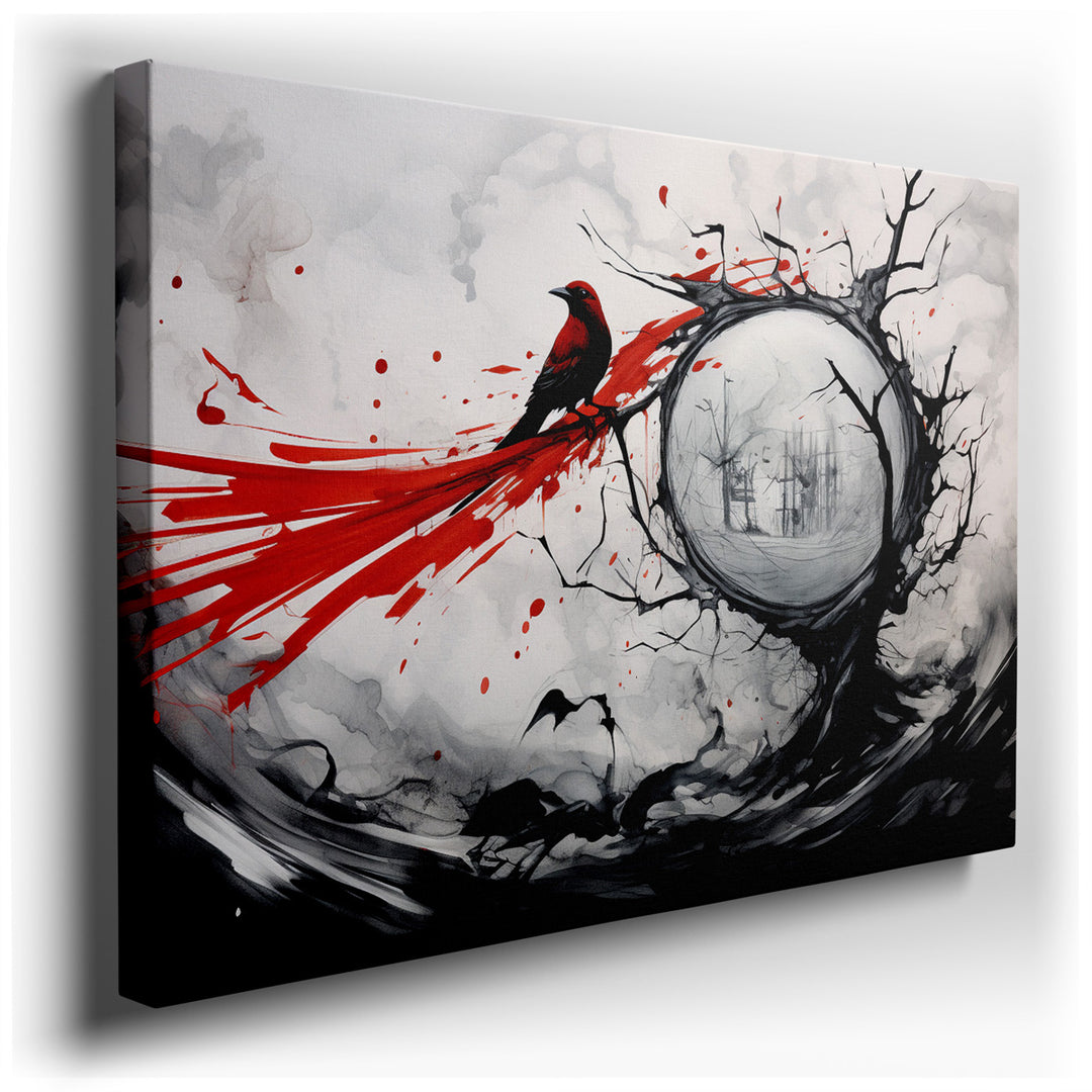 canvas print on wrapped canvas for wall decor – In this captivating wall art, the viewer is immediately drawn to the central figure of a striking red bird, perched conf...