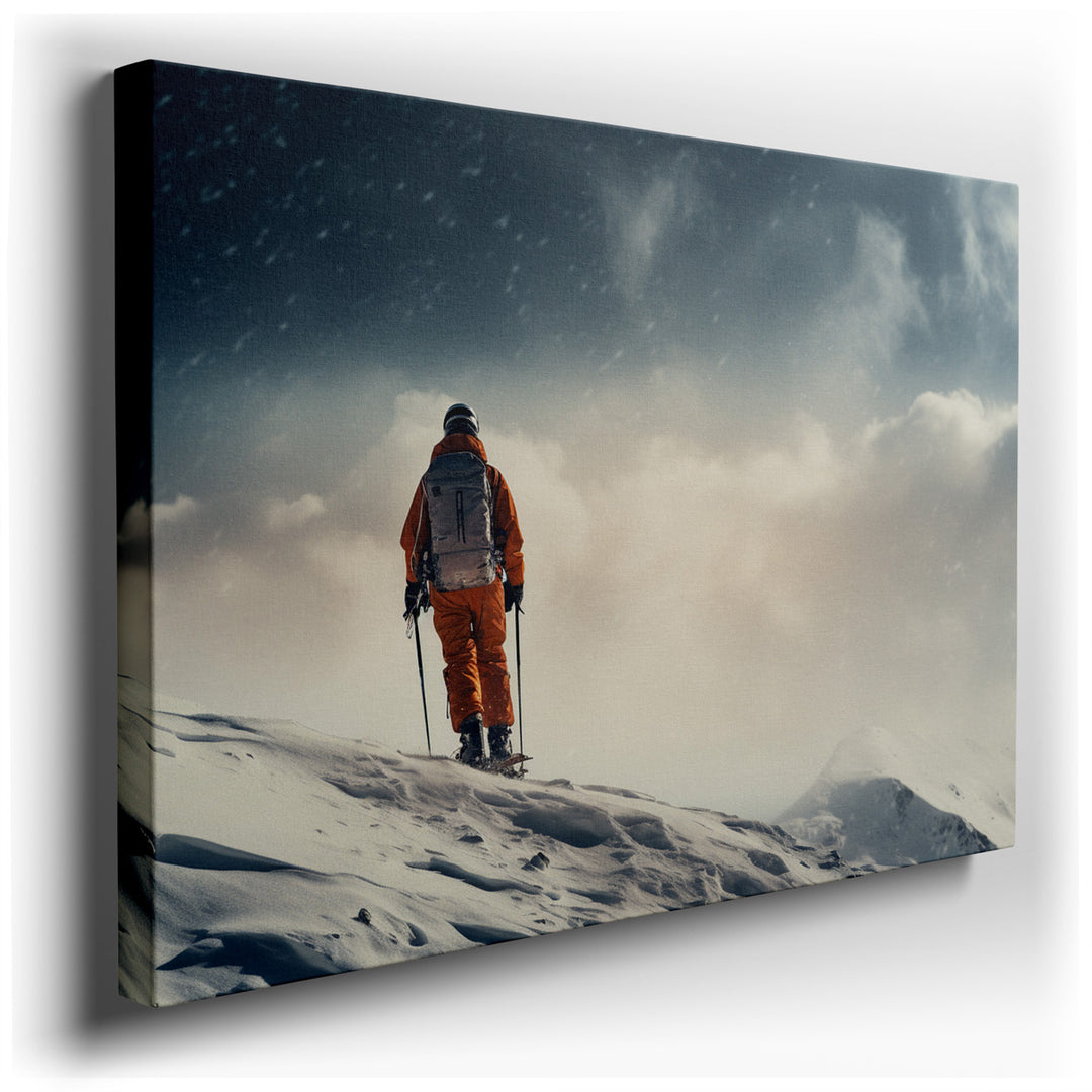 canvas print on wrapped canvas for wall decor – This wall art captures the essence of a solitary adventurer, clad in vibrant gear, as they navigate the formidable terra...