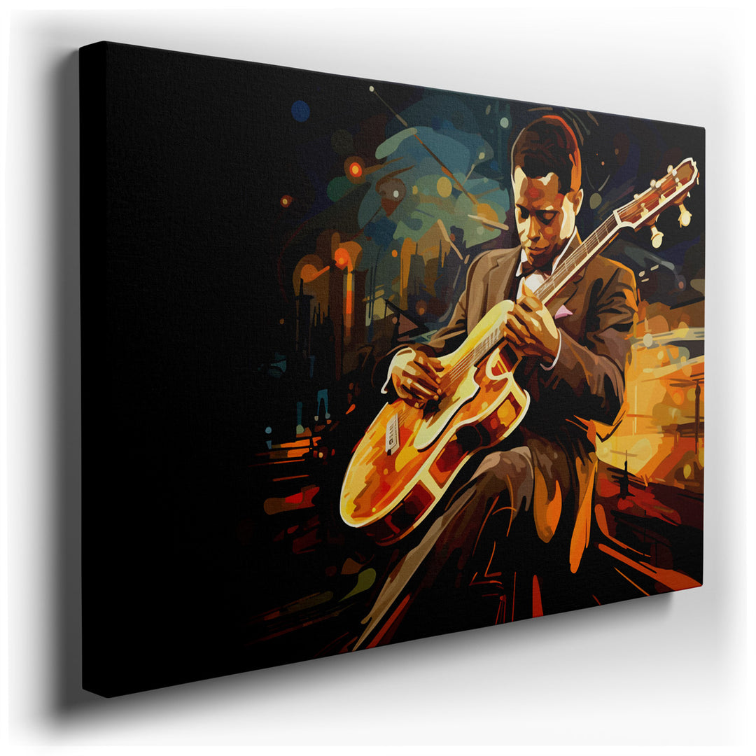 canvas print on wrapped canvas for wall decor – This wall art captures the essence of a guitarist, deeply engrossed in his craft, set against a backdrop that pulsates w...