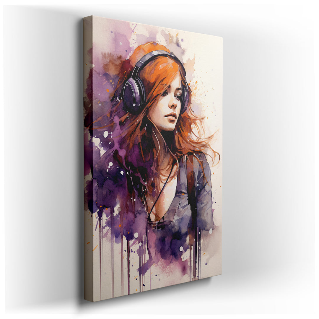 canvas print on wrapped canvas for wall decor – This wall art is a captivating portrait that vividly captures the essence of a young woman immersed in the world of musi...