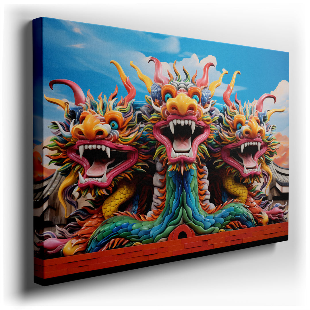 canvas print on wrapped canvas for wall decor – This captivating wall art, a masterful depiction of a three-headed dragon, is an exquisite representation of traditional...