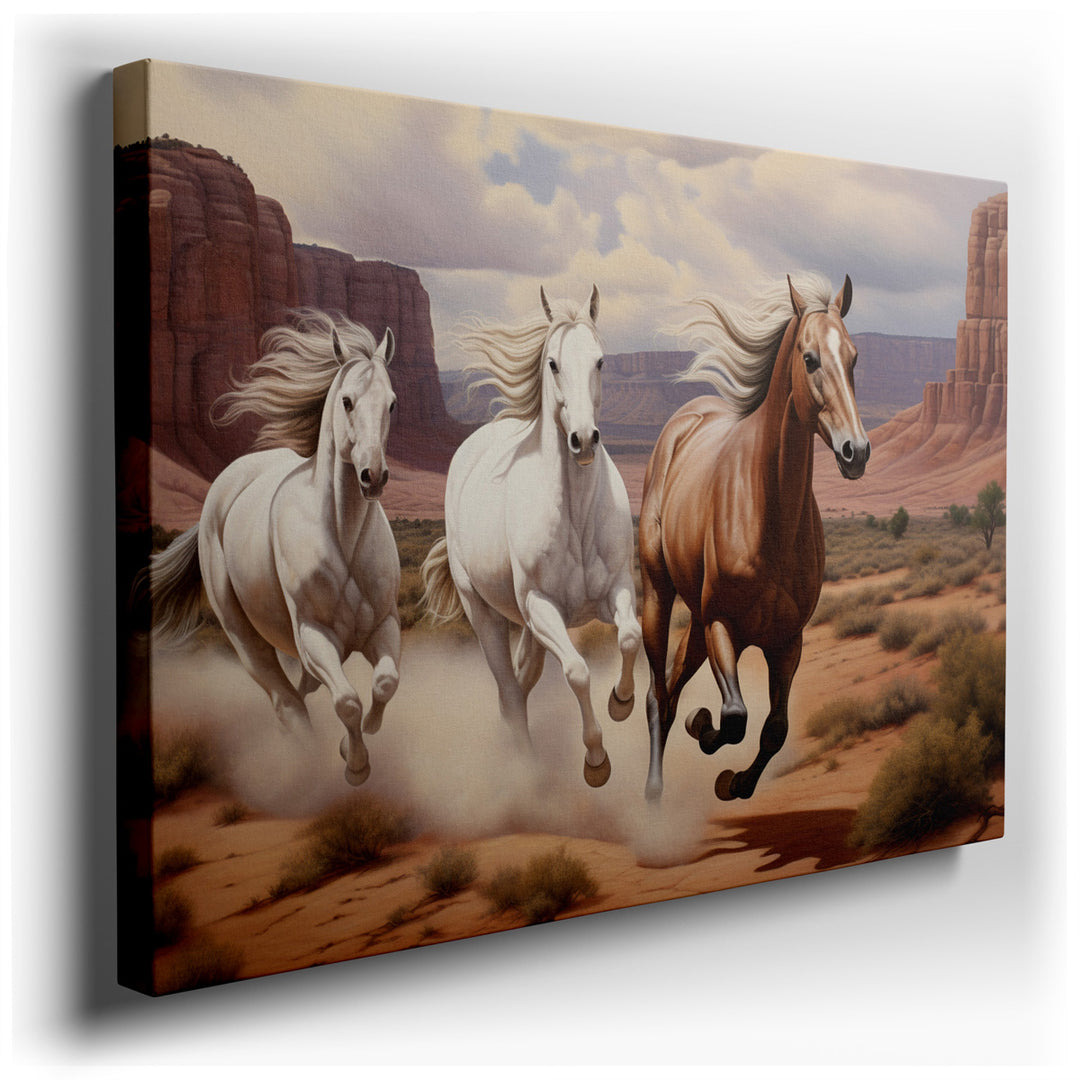 canvas print on wrapped canvas for wall decor – This wall art is a captivating portrayal of three magnificent horses—two white and one brown—galloping with unbridled en...