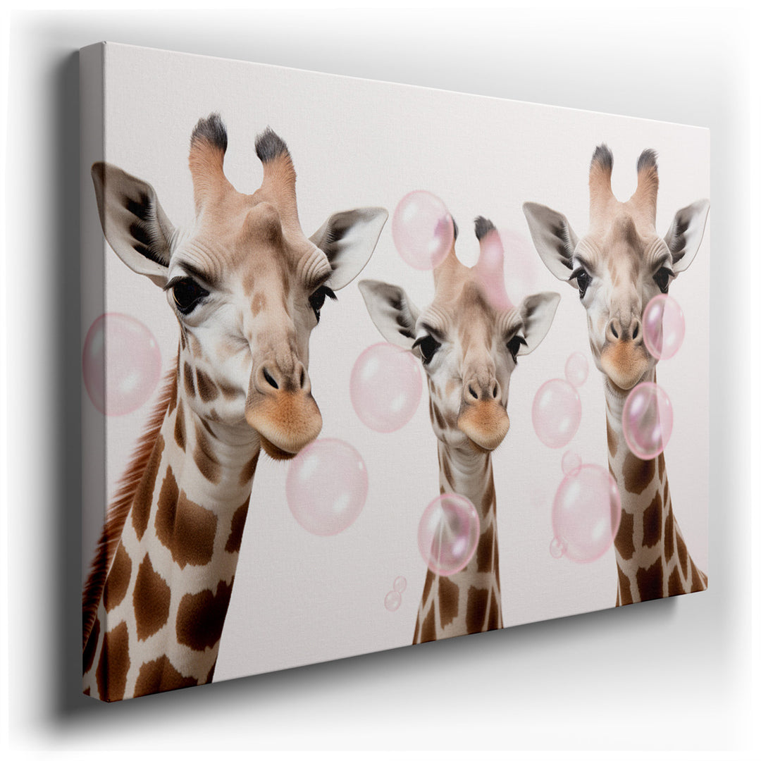 canvas print on wrapped canvas for wall decor – This delightful wall art captures the essence of whimsy and joy through its depiction of three giraffes, each wearing a...