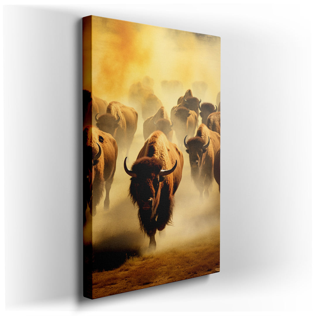 canvas print on wrapped canvas for wall decor – This wall art, a masterful depiction of a herd of buffalo charging through a rugged landscape, is a powerful visual narr...