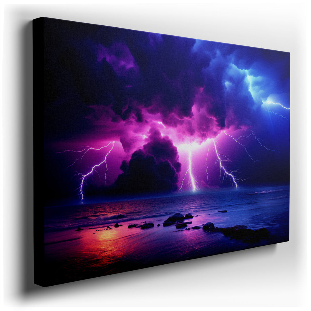canvas print on wrapped canvas for wall decor – This wall art, a masterful depiction of a fierce thunderstorm over the ocean, is a striking visual representation of nat...