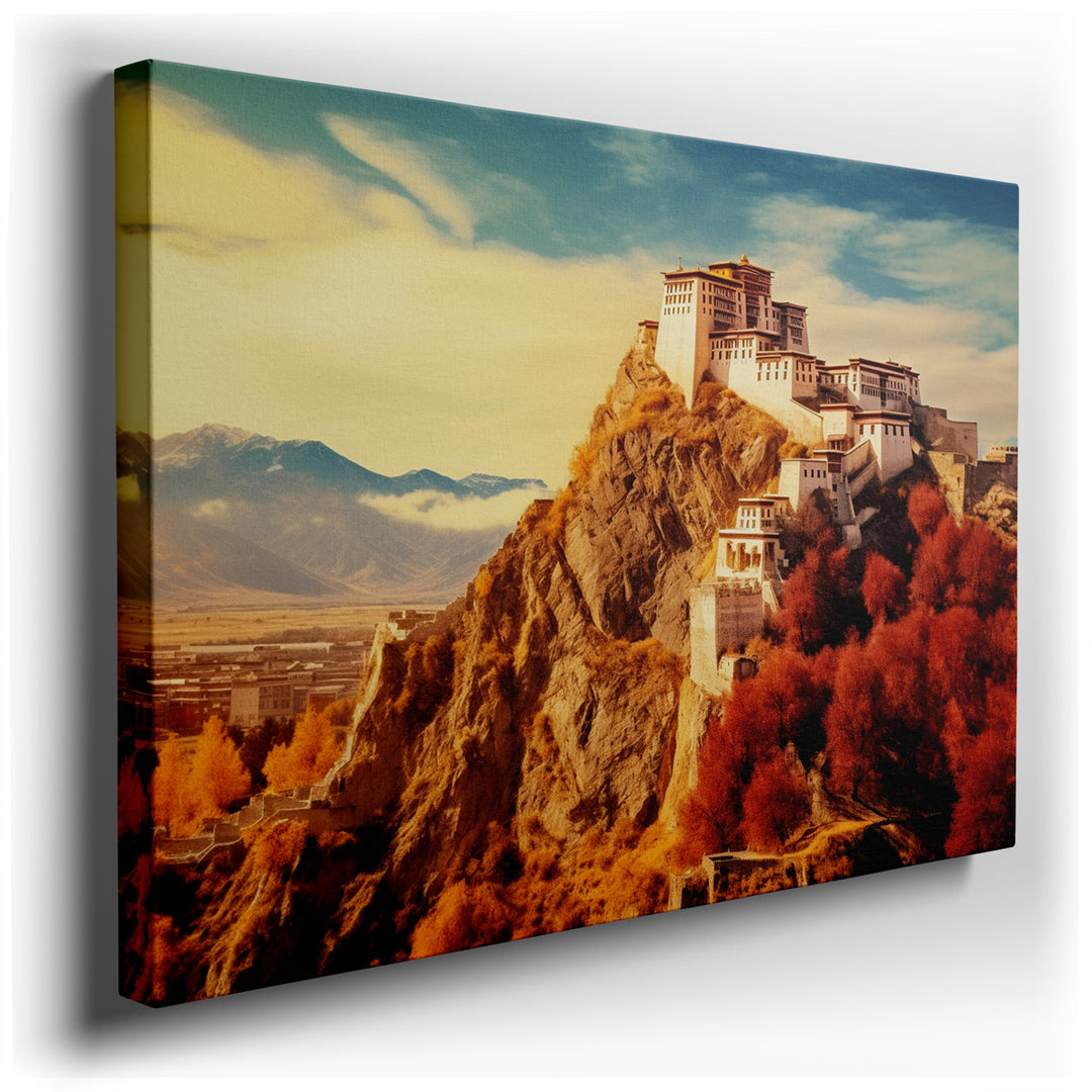 canvas print on wrapped canvas for wall decor – This exquisite wall art portrays a Tibetan monastery, an emblem of spiritual refuge and enlightenment, nestled atop rugg...