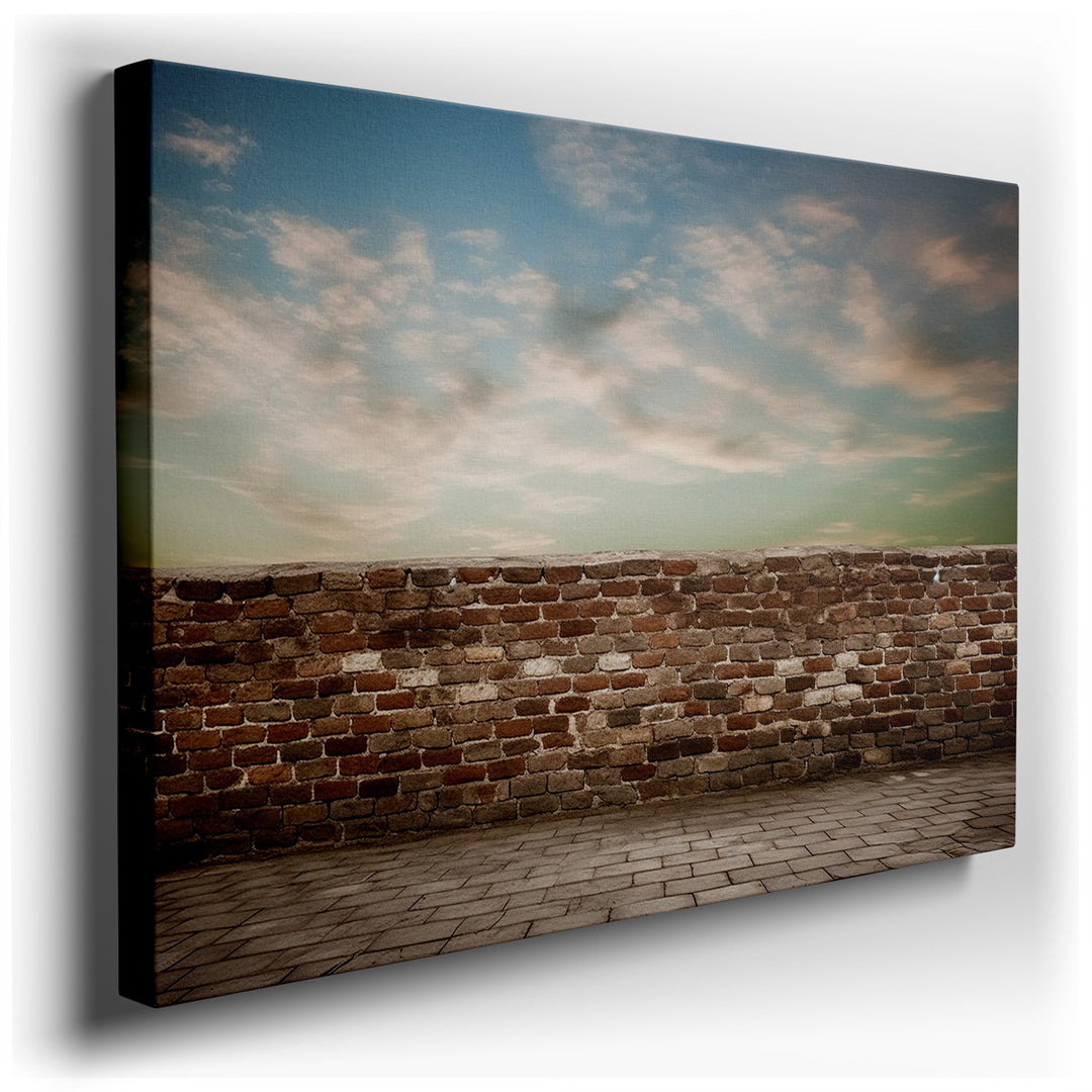 canvas print on wrapped canvas for wall decor – This evocative wall art captures the essence of a timeless scene, where the rugged beauty of a weathered brick wall cont...