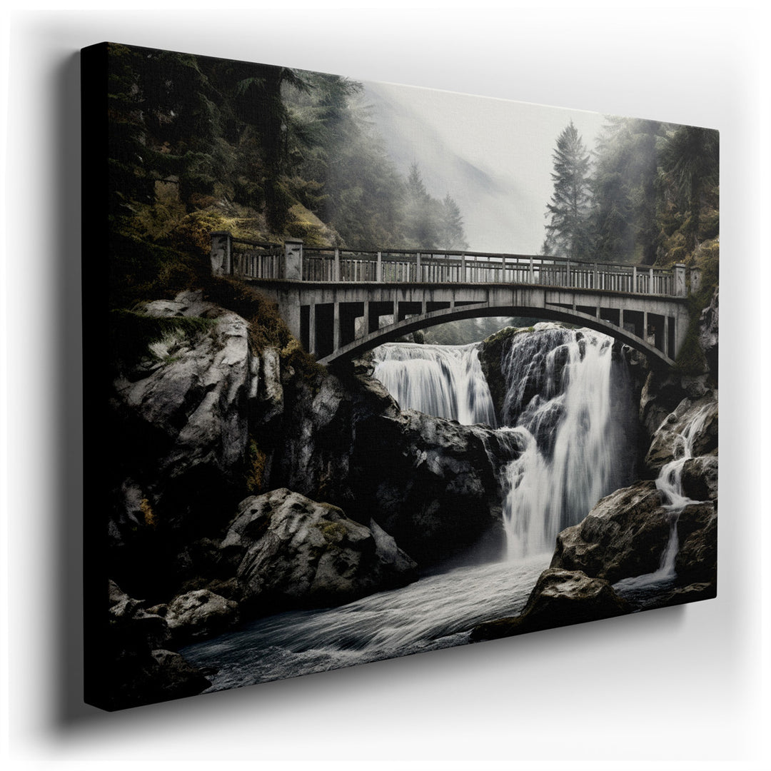 canvas print on wrapped canvas for wall decor – This enchanting wall art captures a serene yet invigorating scene of nature's splendor, featuring a robust bridge gracef...