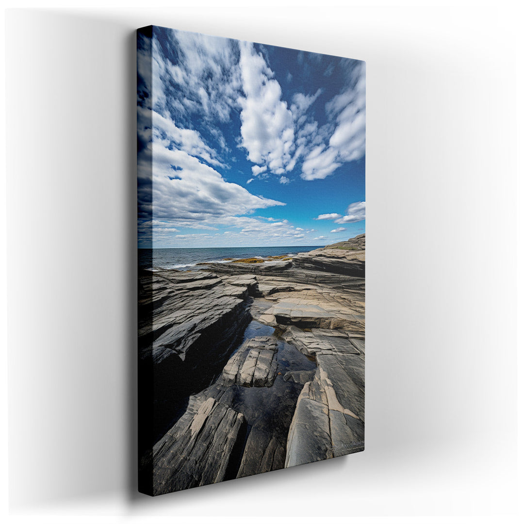 canvas print on wrapped canvas for wall decor – This wall art captures a breathtaking horizontal view of rock strata along a rugged shoreline, masterfully accentuated b...