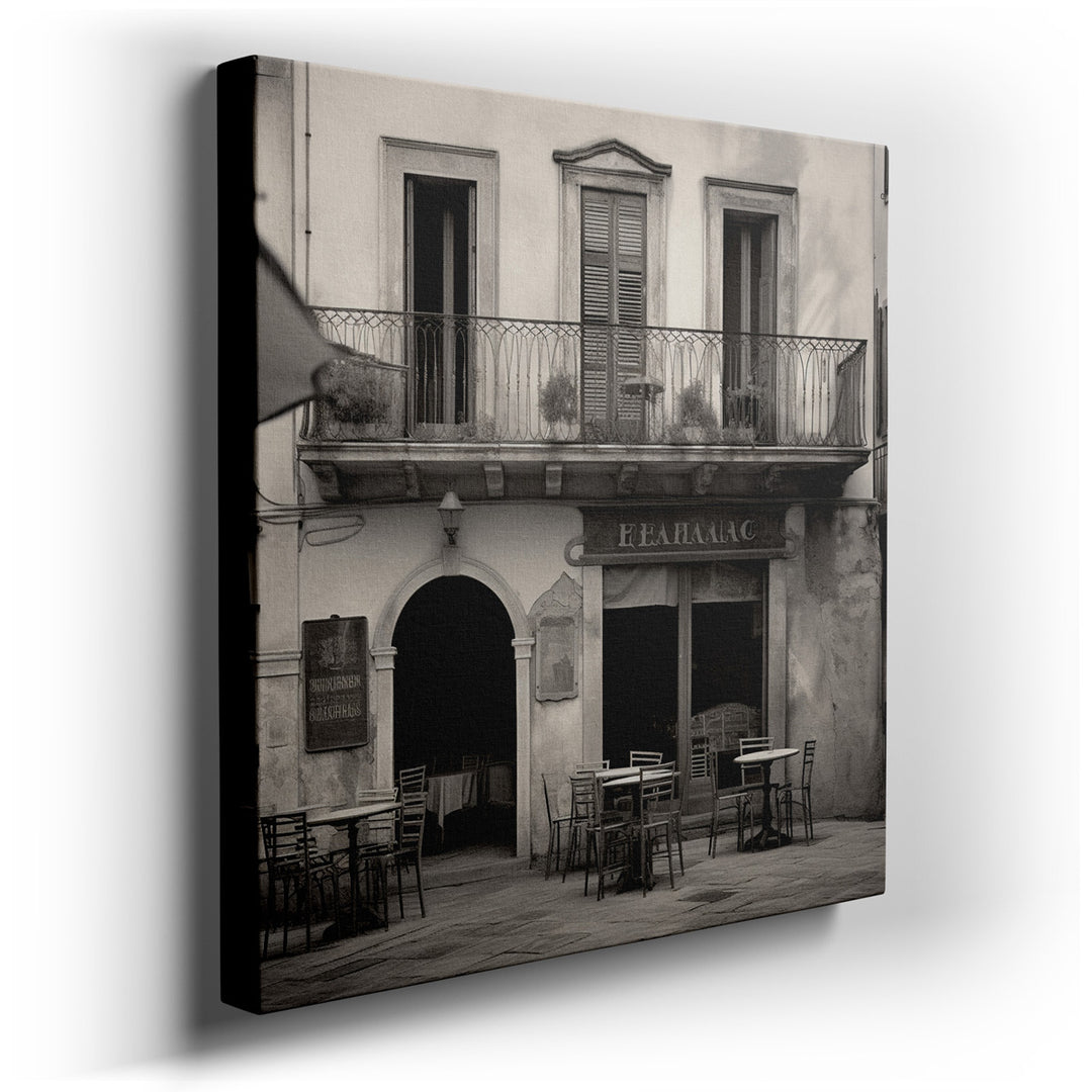 canvas print on wrapped canvas for wall decor – This wall art, rendered in striking black and white, captures the essence of a timeless restaurant facade, evoking a sen...