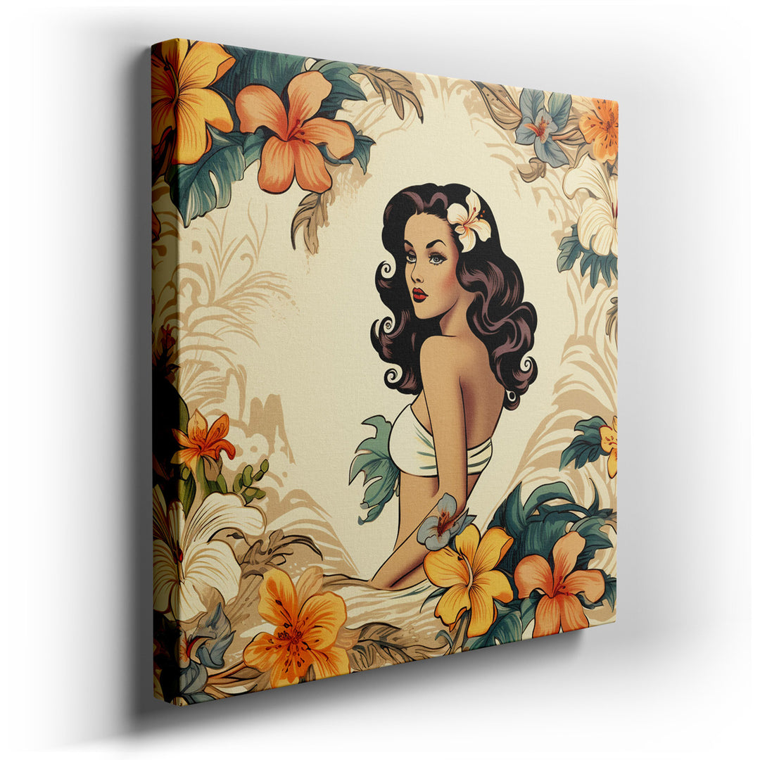 canvas print on wrapped canvas for wall decor – This exquisite wall art captures the essence of timeless elegance and grace, featuring an elegant woman adorned with flo...