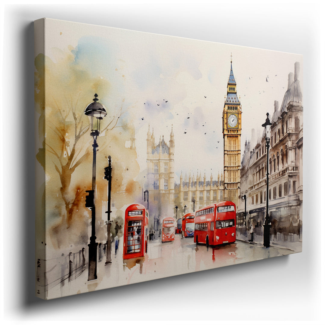 canvas print on wrapped canvas for wall decor – This vibrant watercolor wall art is a captivating portrayal of London, one of the world's most celebrated cities, known...
