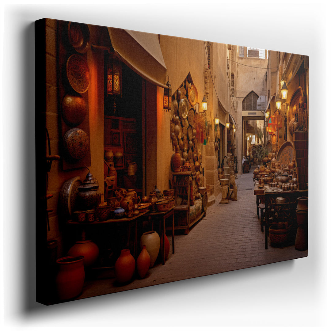 canvas print on wrapped canvas for wall decor – This wall art, a masterful depiction of a bustling marketplace, is an artwork that exudes warmth and a welcoming ambianc...