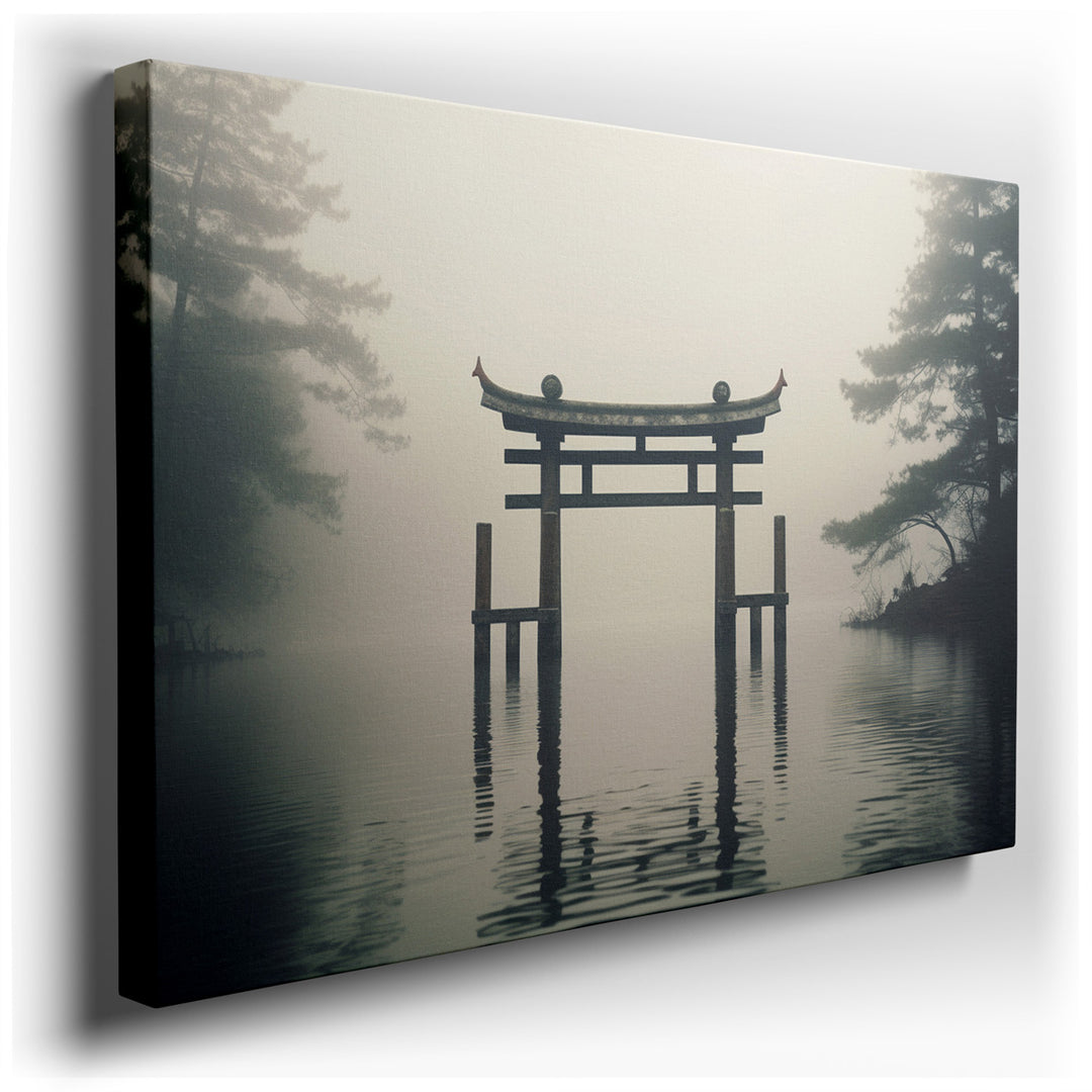 canvas print on wrapped canvas for wall decor – This wall art captures a serene and mystical landscape that is both evocative and deeply tranquil. At the heart of the c...