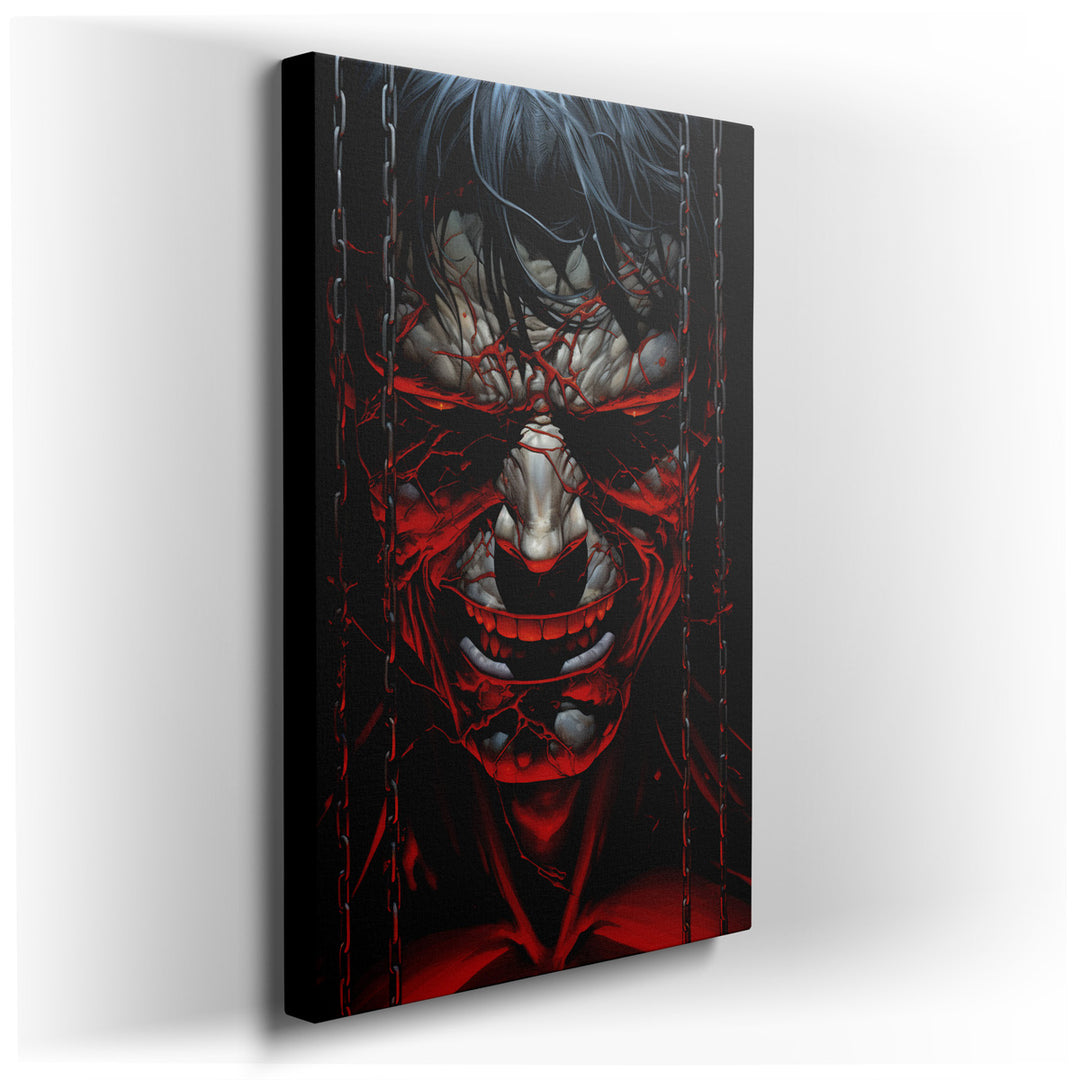 canvas print on wrapped canvas for wall decor – This evocative wall art captures a deeply tormented and sinister figure, ensnared by heavy, oppressive chains that seem...